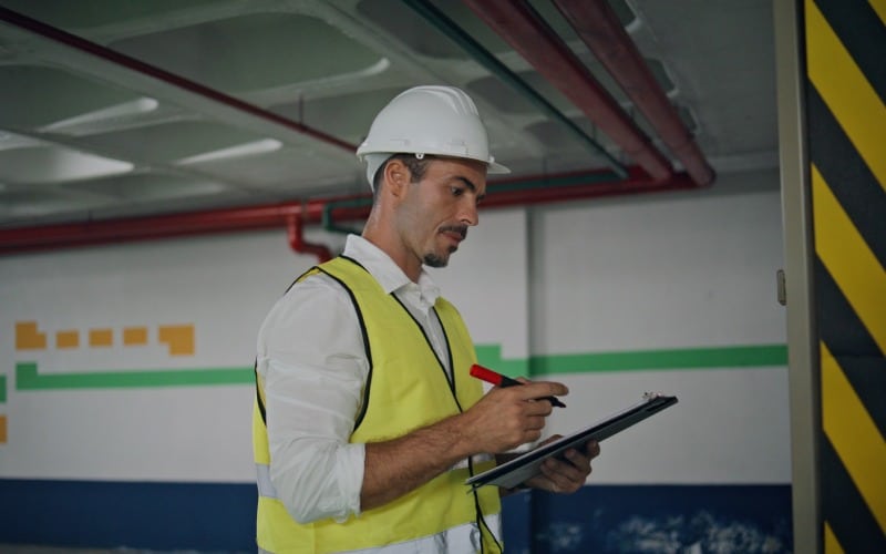 focused contractor writing clipboard working parking lot closeup serious man